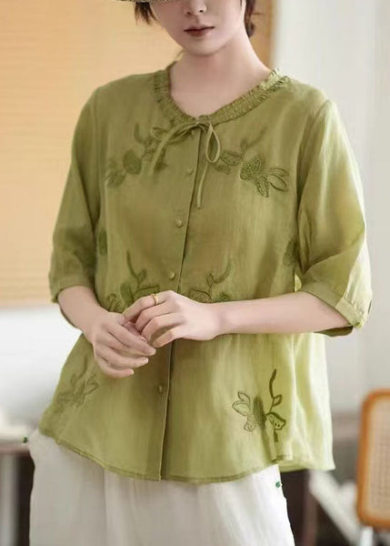 Summer Pink Organic Tops Tie Embroidered Linen Neck FashionChic