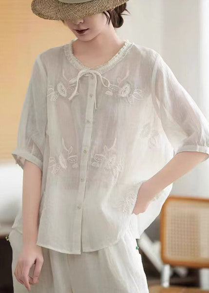 Summer Pink Organic Tops Tie Embroidered Linen Neck FashionChic