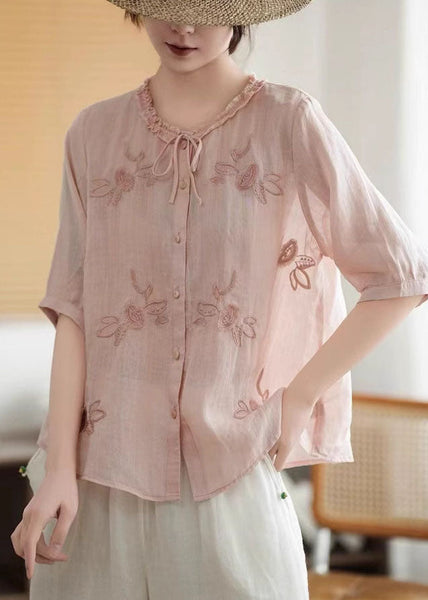 Summer Pink Organic Tops Tie Embroidered Linen Neck FashionChic