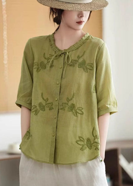 Summer Pink Organic Tops Tie Embroidered Linen Neck FashionChic