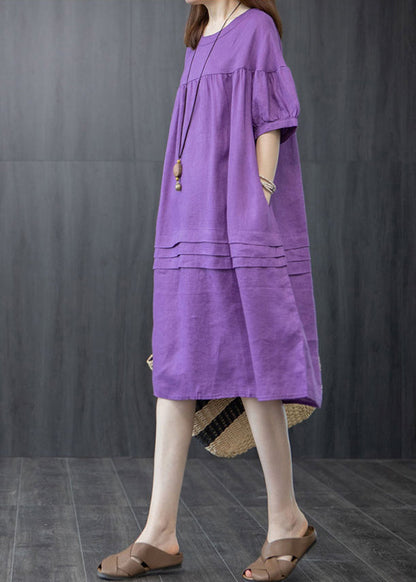 Oversized Organic Linen Summer Wrinkled Purple Dresses FashionChic