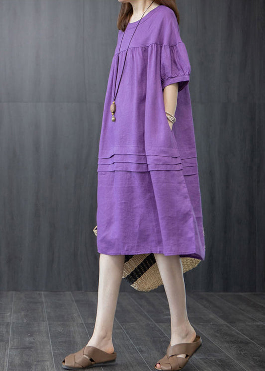 Oversized Organic Linen Summer Wrinkled Purple Dresses FashionChic