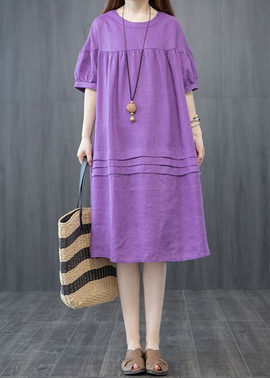 Oversized Organic Linen Summer Wrinkled Purple Dresses FashionChic