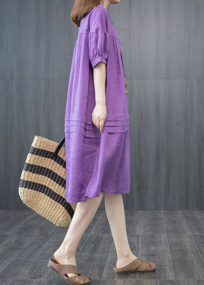 Oversized Organic Linen Summer Wrinkled Purple Dresses FashionChic