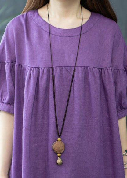 Oversized Organic Linen Summer Wrinkled Purple Dresses FashionChic