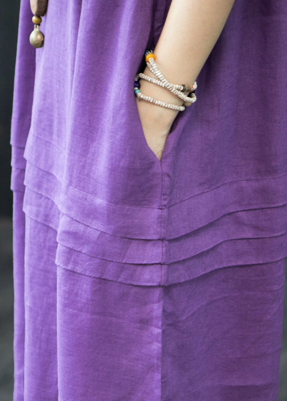 Oversized Organic Linen Summer Wrinkled Purple Dresses FashionChic