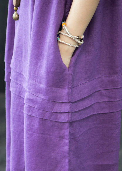 Oversized Organic Linen Summer Wrinkled Purple Dresses FashionChic