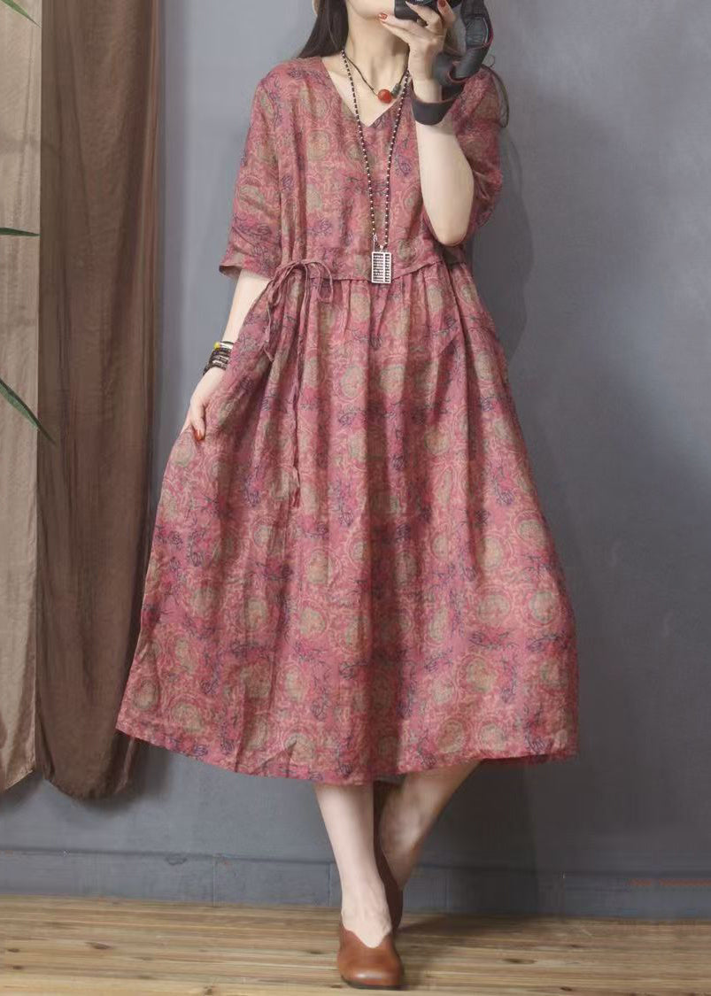 Summer Linen Dresses Red Organic Cinched Print FashionChic