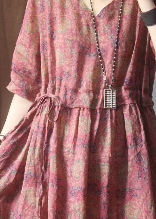 Summer Linen Dresses Red Organic Cinched Print FashionChic