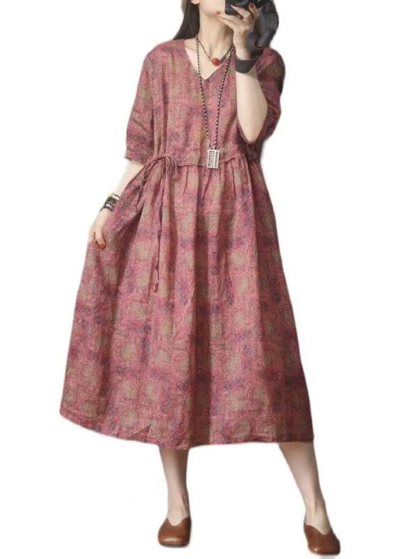 Summer Linen Dresses Red Organic Cinched Print FashionChic