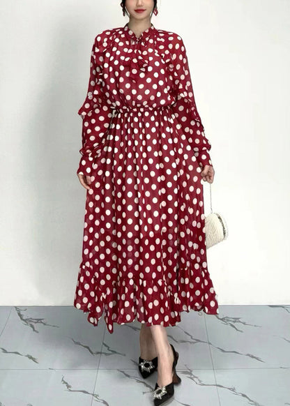 Organic Red Dot Print Ruffled Chiffon Dresses Long Sleeve AY1020 JDML-240828
