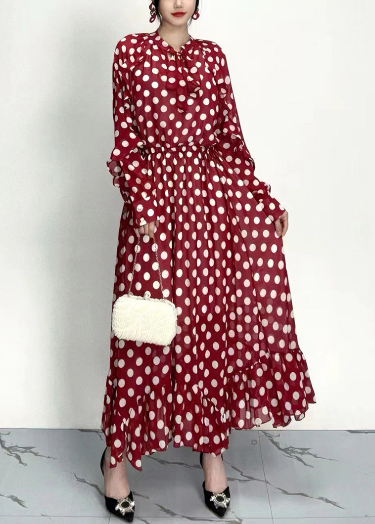 Organic Red Dot Print Ruffled Chiffon Dresses Long Sleeve AY1020 JDML-240828