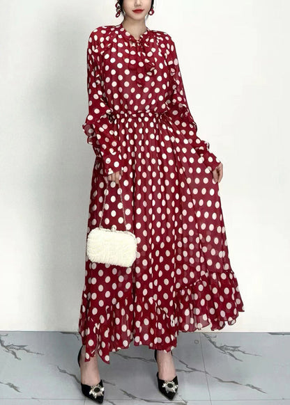 Organic Red Dot Print Ruffled Chiffon Dresses Long Sleeve AY1020 JDML-240828