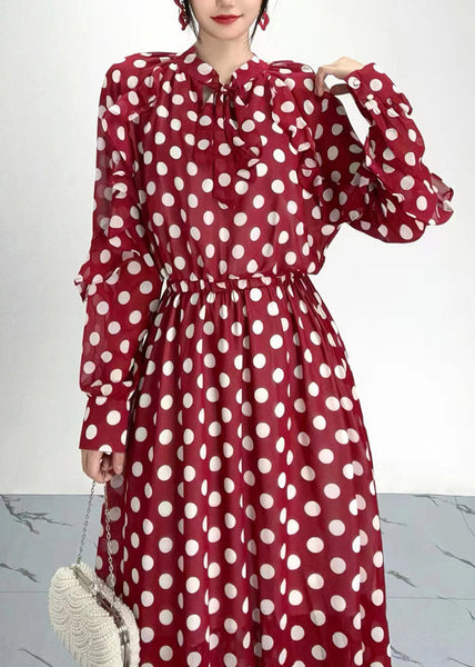 Organic Red Dot Print Ruffled Chiffon Dresses Long Sleeve AY1020 JDML-240828