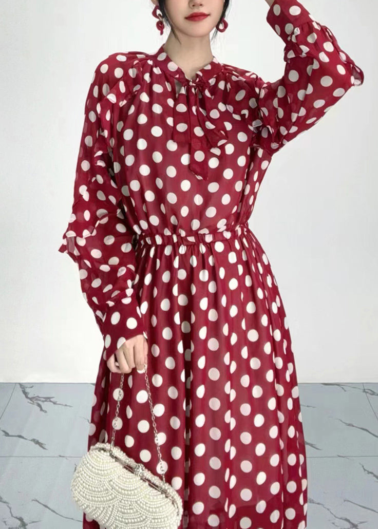 Organic Red Dot Print Ruffled Chiffon Dresses Long Sleeve AY1020 JDML-240828