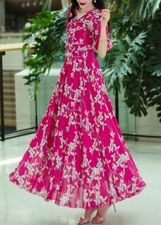 Neck Wrinkled Rose Print Dresses Organic Chiffon Summer Maxi V FashionChic