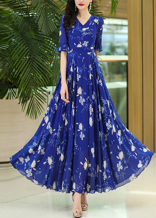 Neck Wrinkled Rose Print Dresses Organic Chiffon Summer Maxi V FashionChic