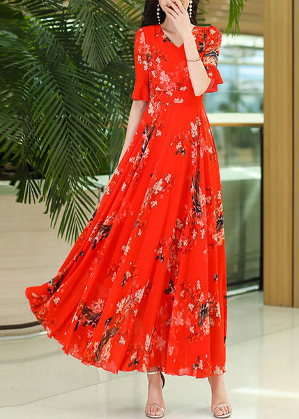 Neck Wrinkled Rose Print Dresses Organic Chiffon Summer Maxi V FashionChic