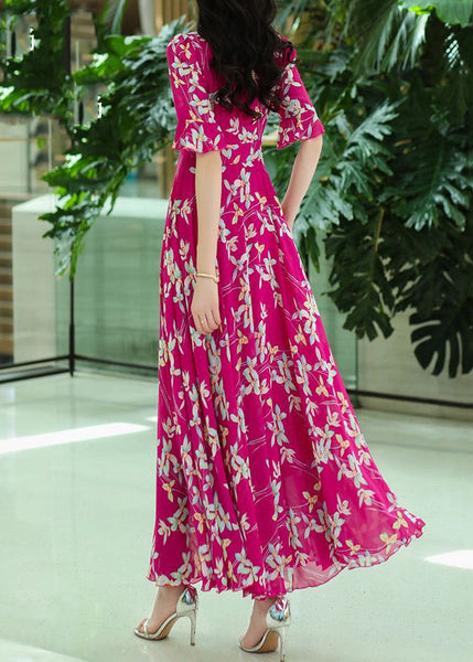 Neck Wrinkled Rose Print Dresses Organic Chiffon Summer Maxi V FashionChic