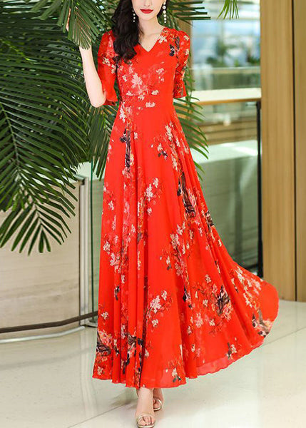 Neck Wrinkled Rose Print Dresses Organic Chiffon Summer Maxi V FashionChic