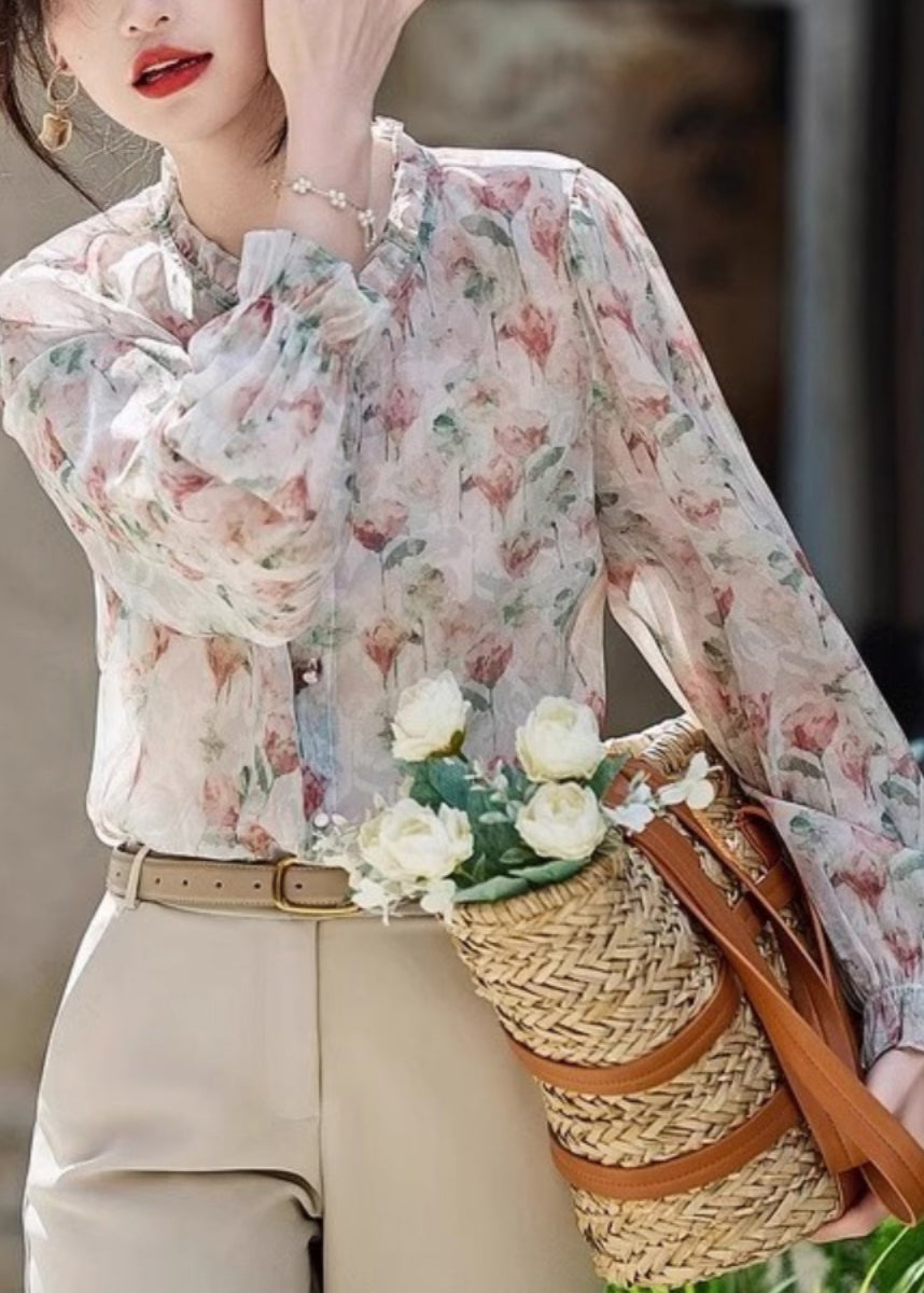 Organic Ruffled Print Chiffon Shirt Long Sleeve WW010 OL-LTP240812
