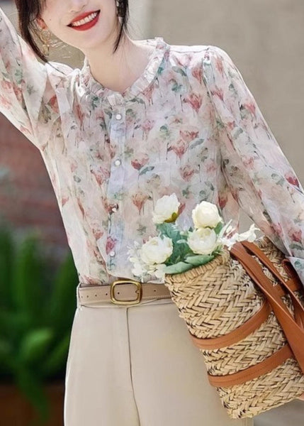 Organic Ruffled Print Chiffon Shirt Long Sleeve WW010 OL-LTP240812