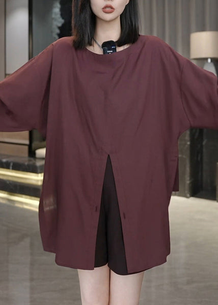 Organic Rust O Neck Front Open Cotton Shirts Top Fall QL053 OM-OL241021