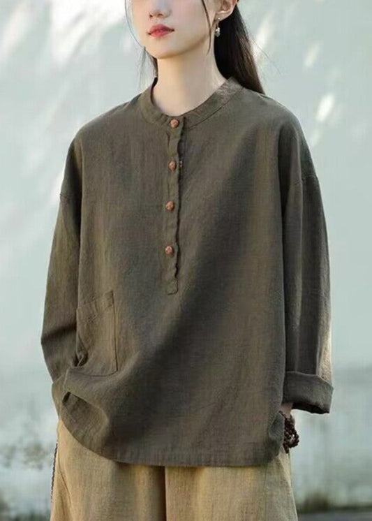 Organic Tea Green Stand Collar Linen Blouse Tops Long Sleeve LK006 GK-LTP240710