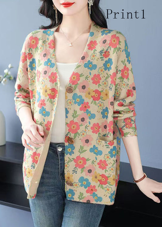 Organic V Neck Print Pockets Woolen Cardigan Spring TQ013 ABC