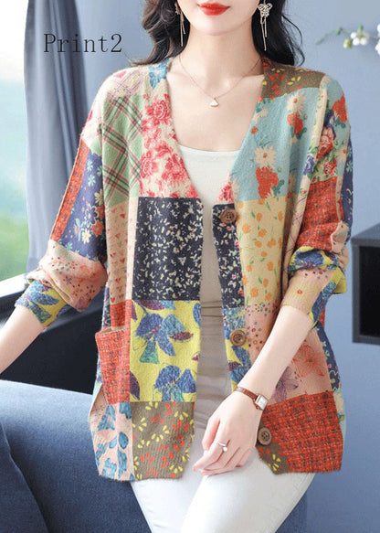 Organic V Neck Print Pockets Woolen Cardigan Spring TQ013 ABC
