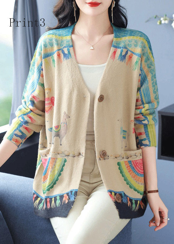 Organic V Neck Print Pockets Woolen Cardigan Spring TQ013 ABC
