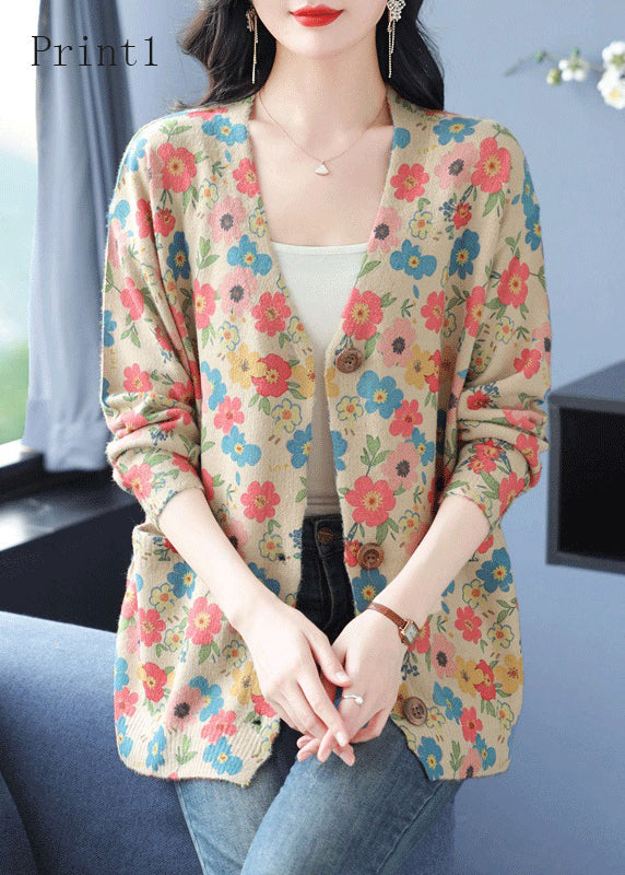 Organic V Neck Print Pockets Woolen Cardigan Spring TQ013 ABC