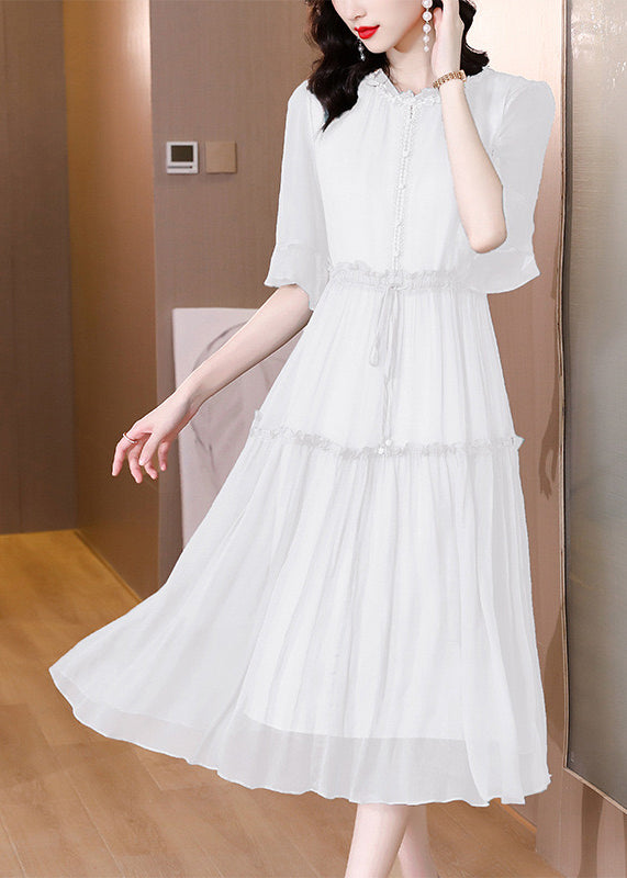 Organic White Ruffled Patchwork Drawstring Silk Dress Summer BB002 Hawaii-SDL240622