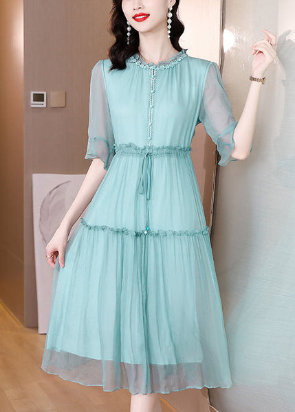 Organic White Ruffled Patchwork Drawstring Silk Dress Summer BB002 Hawaii-SDL240622