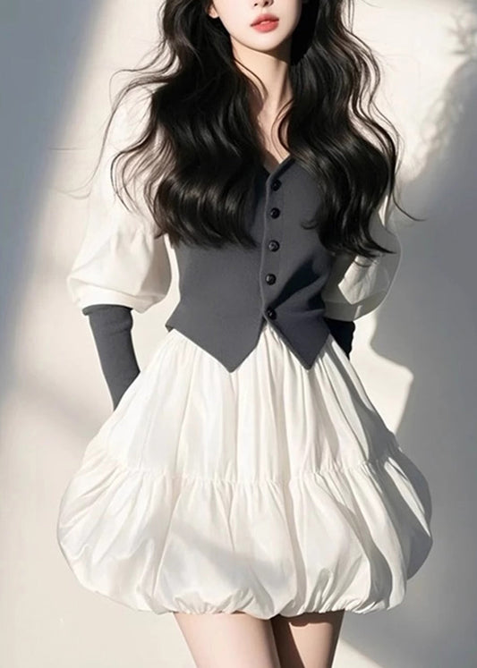 Sleeve Puff Organic White Mid Button V Dress Neck FashionChic