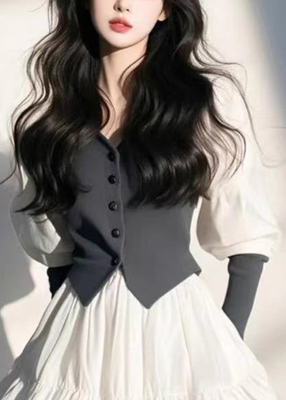 Sleeve Puff Organic White Mid Button V Dress Neck FashionChic