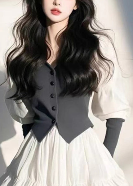 Sleeve Puff Organic White Mid Button V Dress Neck FashionChic