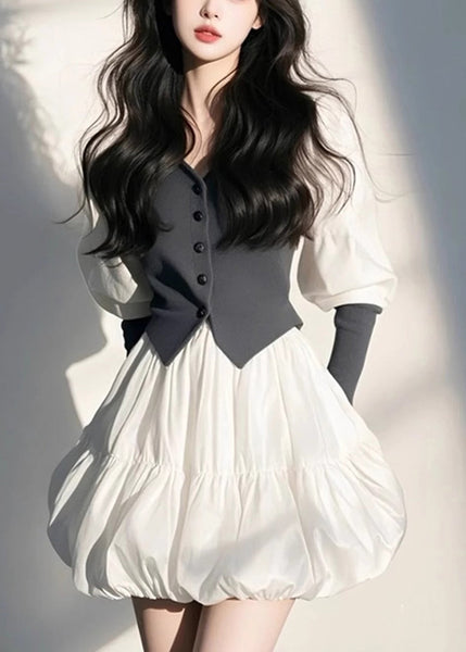 Sleeve Puff Organic White Mid Button V Dress Neck FashionChic