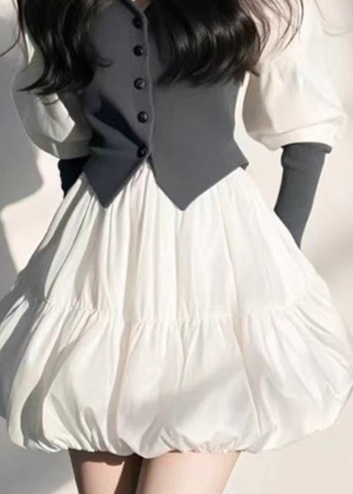 Sleeve Puff Organic White Mid Button V Dress Neck FashionChic