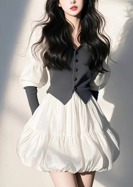 Sleeve Puff Organic White Mid Button V Dress Neck FashionChic