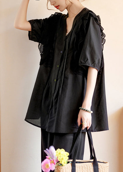 Organic White V Neck Patchwork Hollow Out Silk Shirts Short Sleeve WW051 OL-STP240812