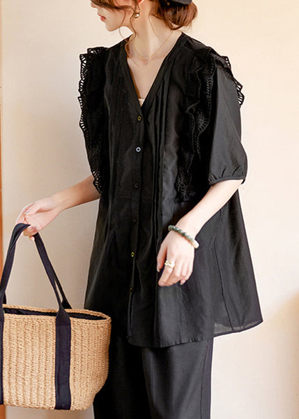 Organic White V Neck Patchwork Hollow Out Silk Shirts Short Sleeve WW051 OL-STP240812