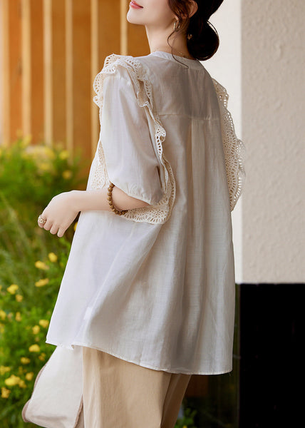 Organic White V Neck Patchwork Hollow Out Silk Shirts Short Sleeve WW051 OL-STP240812