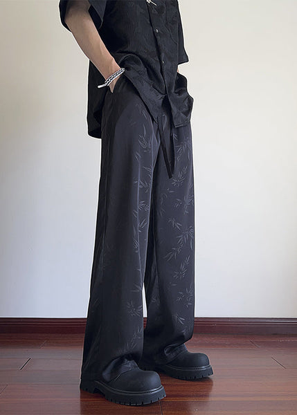 Oriental Black Bamboo Print Pockets Ice Silk Men Pants Long Summer YT038 Men-Silk-MENP240721
