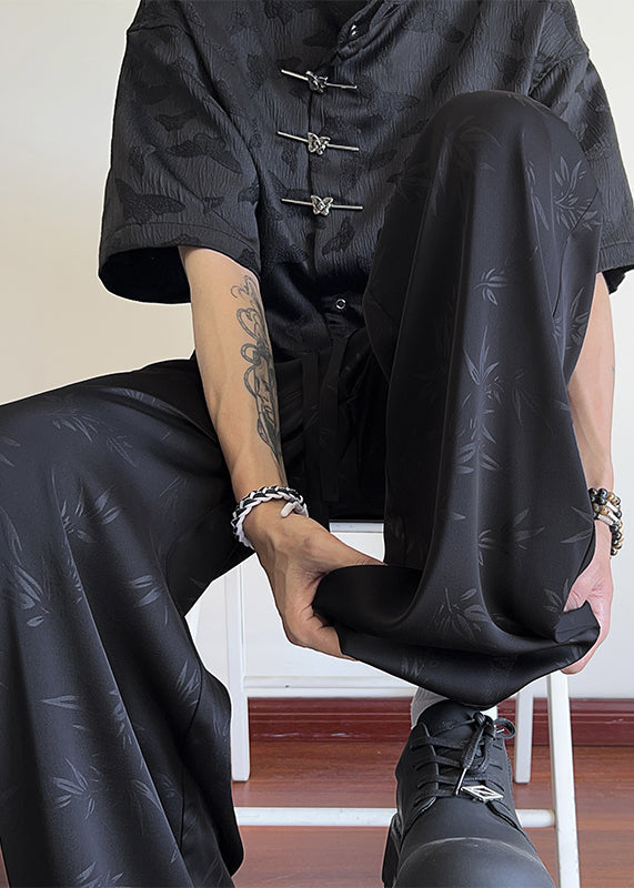 Oriental Black Bamboo Print Pockets Ice Silk Men Pants Long Summer YT038 Men-Silk-MENP240721
