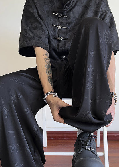 Oriental Black Bamboo Print Pockets Ice Silk Men Pants Long Summer YT038 Men-Silk-MENP240721