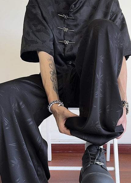 Oriental Black Bamboo Print Pockets Ice Silk Men Pants Long Summer YT038 Men-Silk-MENP240721