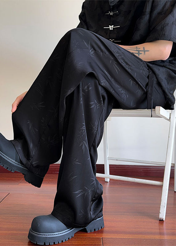 Oriental Black Bamboo Print Pockets Ice Silk Men Pants Long Summer YT038 Men-Silk-MENP240721