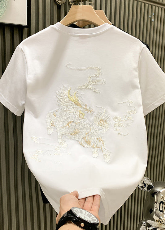 Mens Shirts Neck Oriental T O Summer Cotton Embroideried White FashionChic