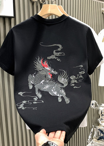 Mens Shirts Neck Oriental T O Summer Cotton Embroideried White FashionChic